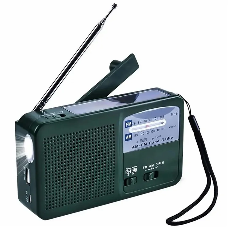 RD369 Portable Solar Power Hand Crank AM / FM Radio LED Flashlight 500mAh Power Bank - Green